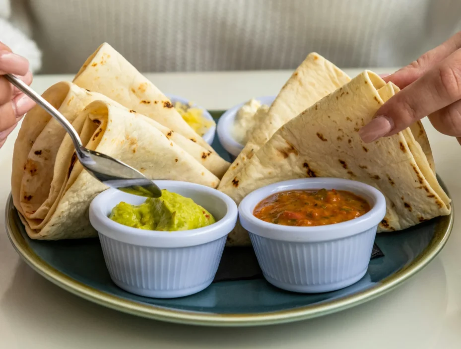 People sharing tortillas, salsa and guacamole.