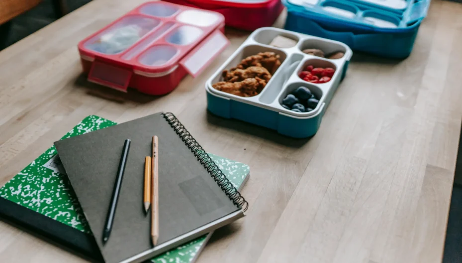 Notebooks and a portioned meal.